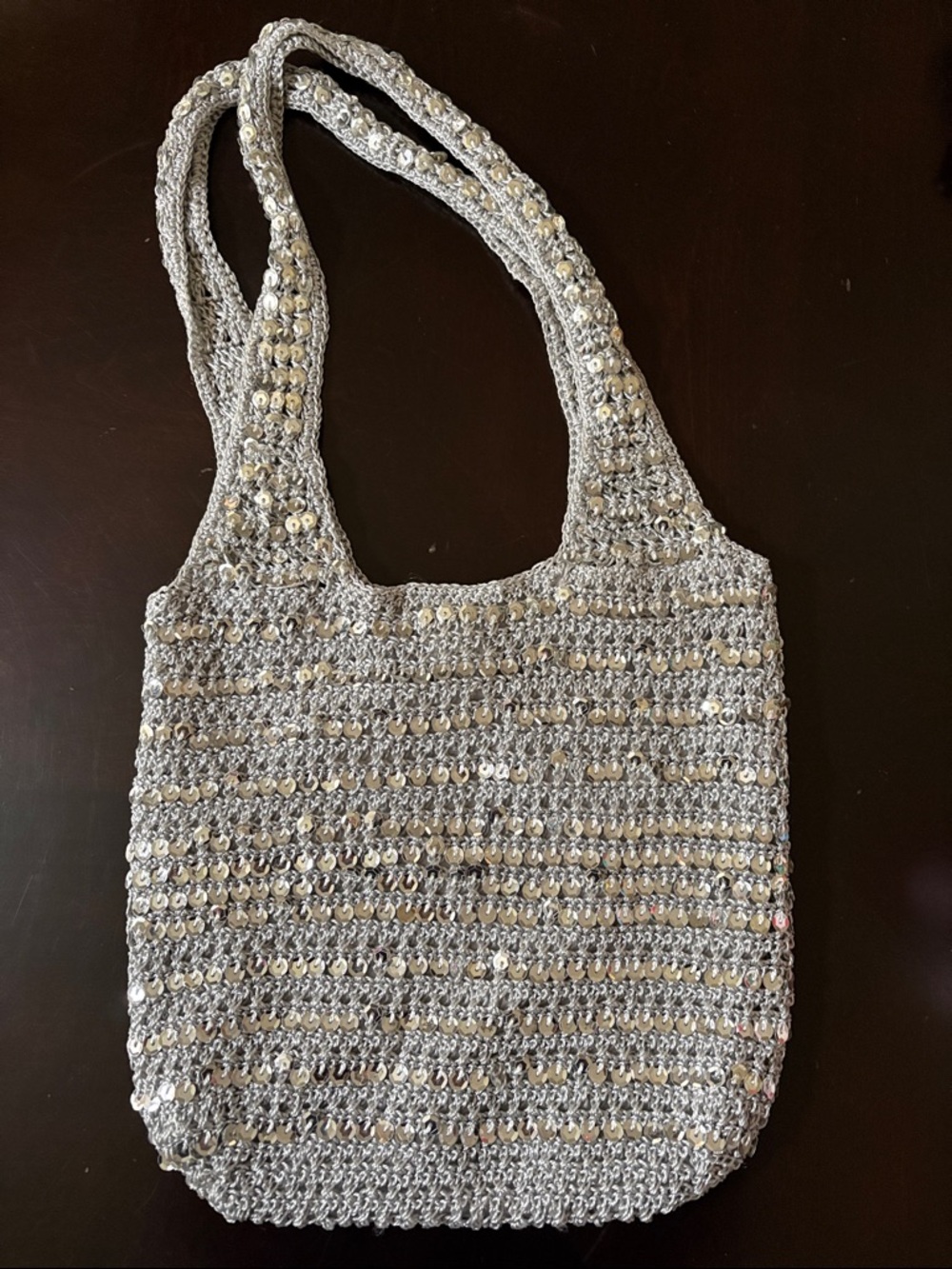 Source Unknown Silver Sequin Crochet Tote Bag